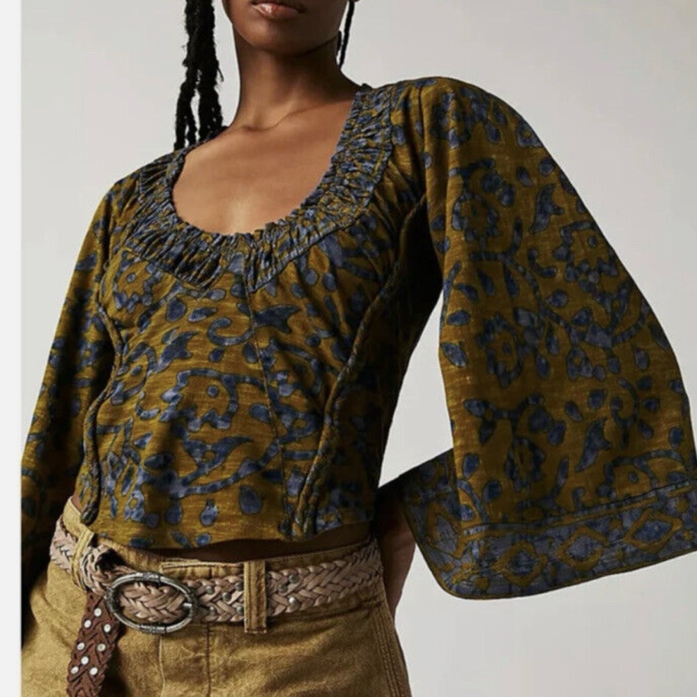 Free People Blue and Olive Blouse